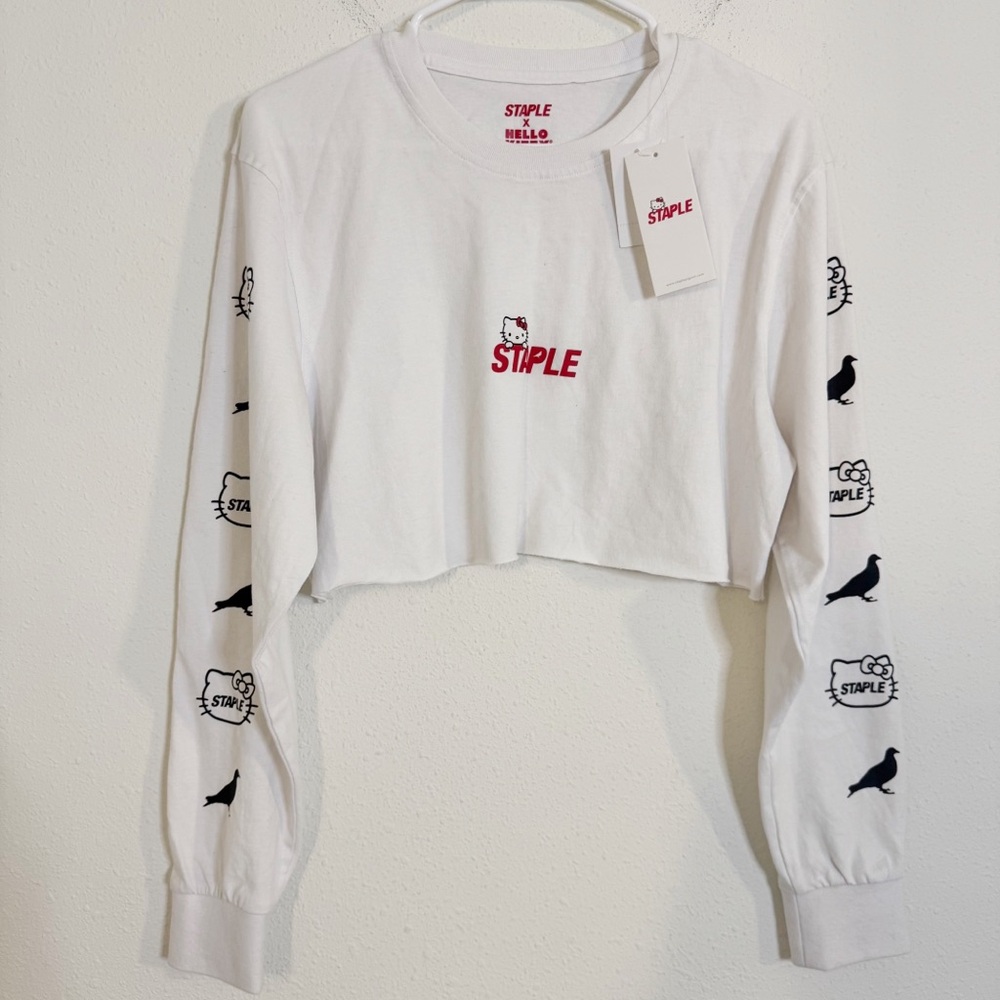 Staple pigeon X hello kitty cropped white long sleeve tee